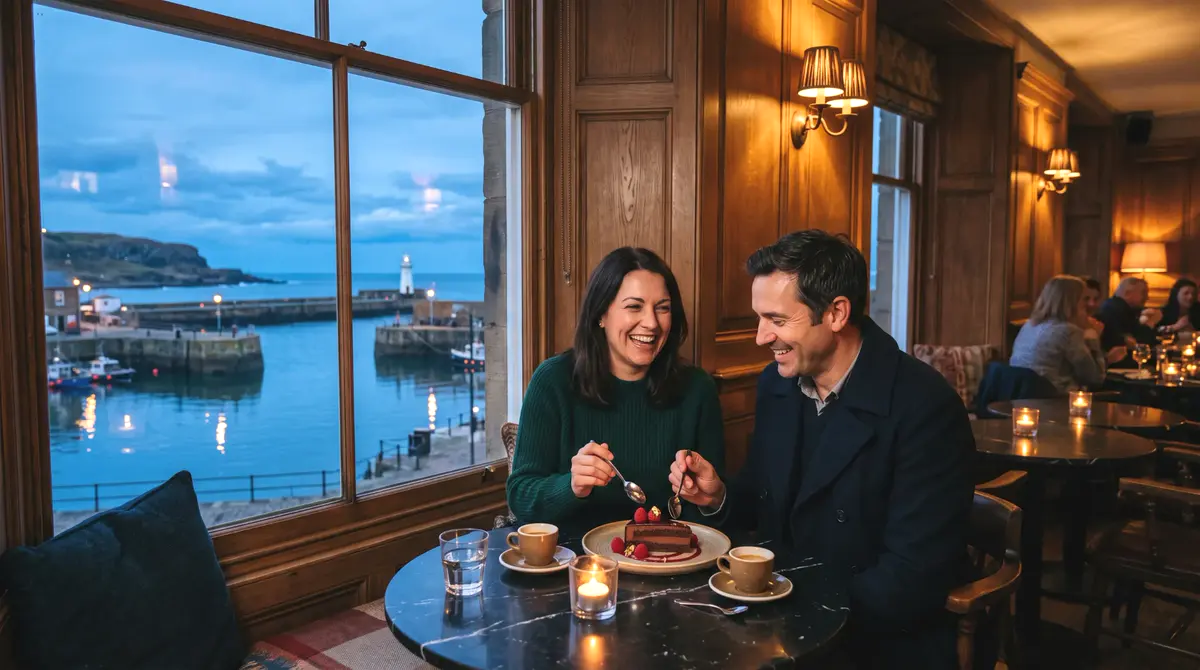 A couple sharing cake by a harbour window at dusk