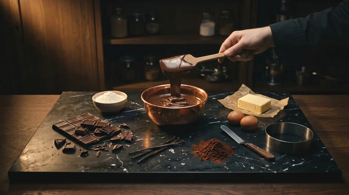 A ribbon of melted chocolate folding off a spatula
