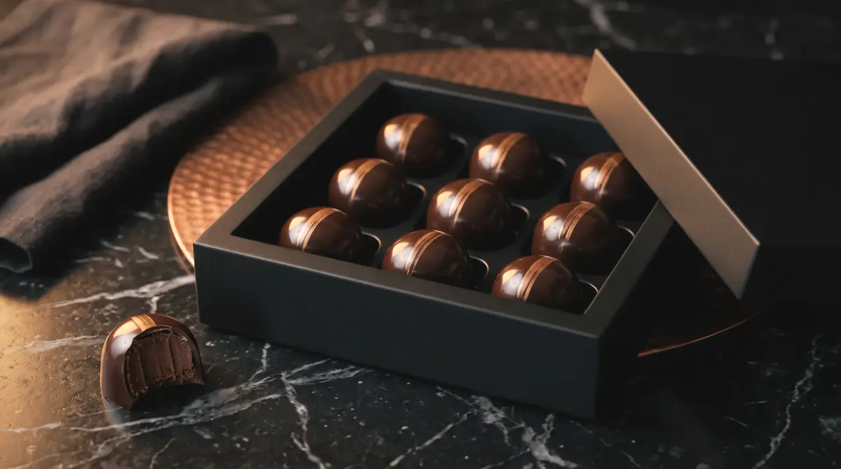 Polished bonbons in a black box, one bitten