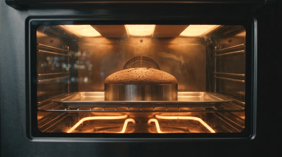 A chocolate cake rising in a glowing oven