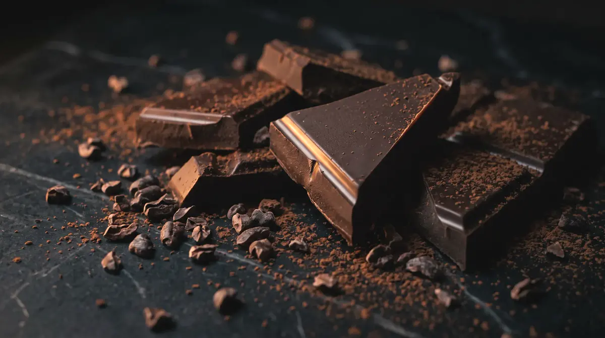Broken shards of dark chocolate with cocoa nibs