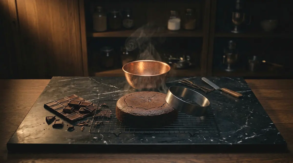 A freshly baked cake steaming on a cooling rack