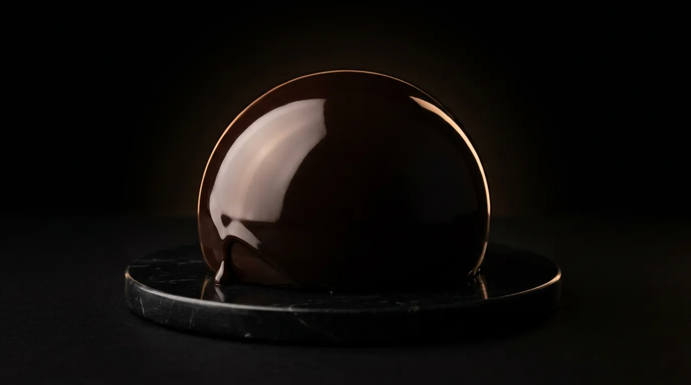 A mirror-glazed dark chocolate dome on a black marble disc, lit by a single bronze strip light