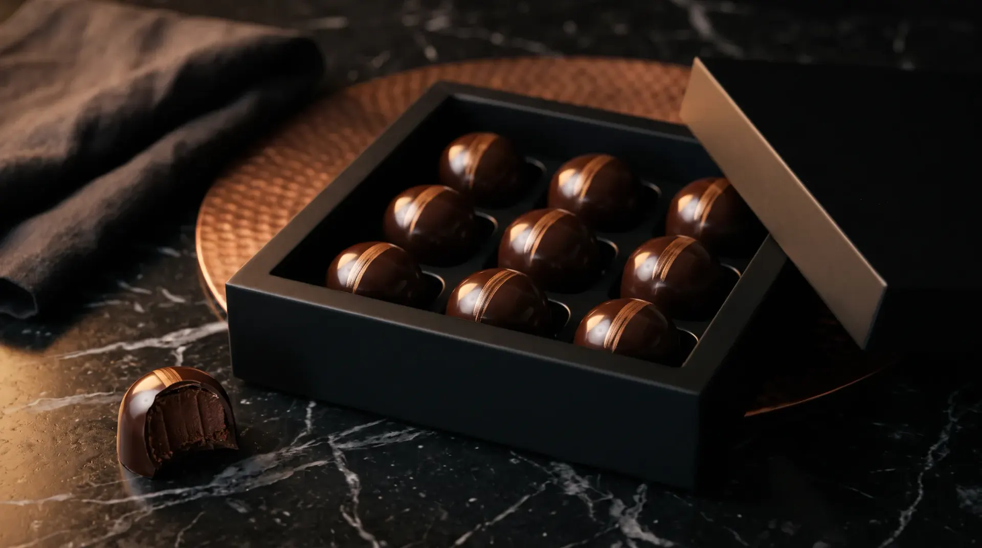 Nine glossy dark chocolate bonbons with bronze brushstrokes in a matte black box on marble, one bitten to show its ganache