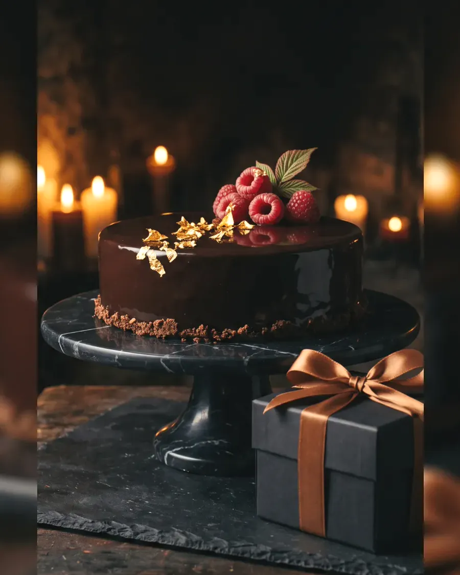 A whole mirror-glazed chocolate cake with gold leaf beside a ribboned black box