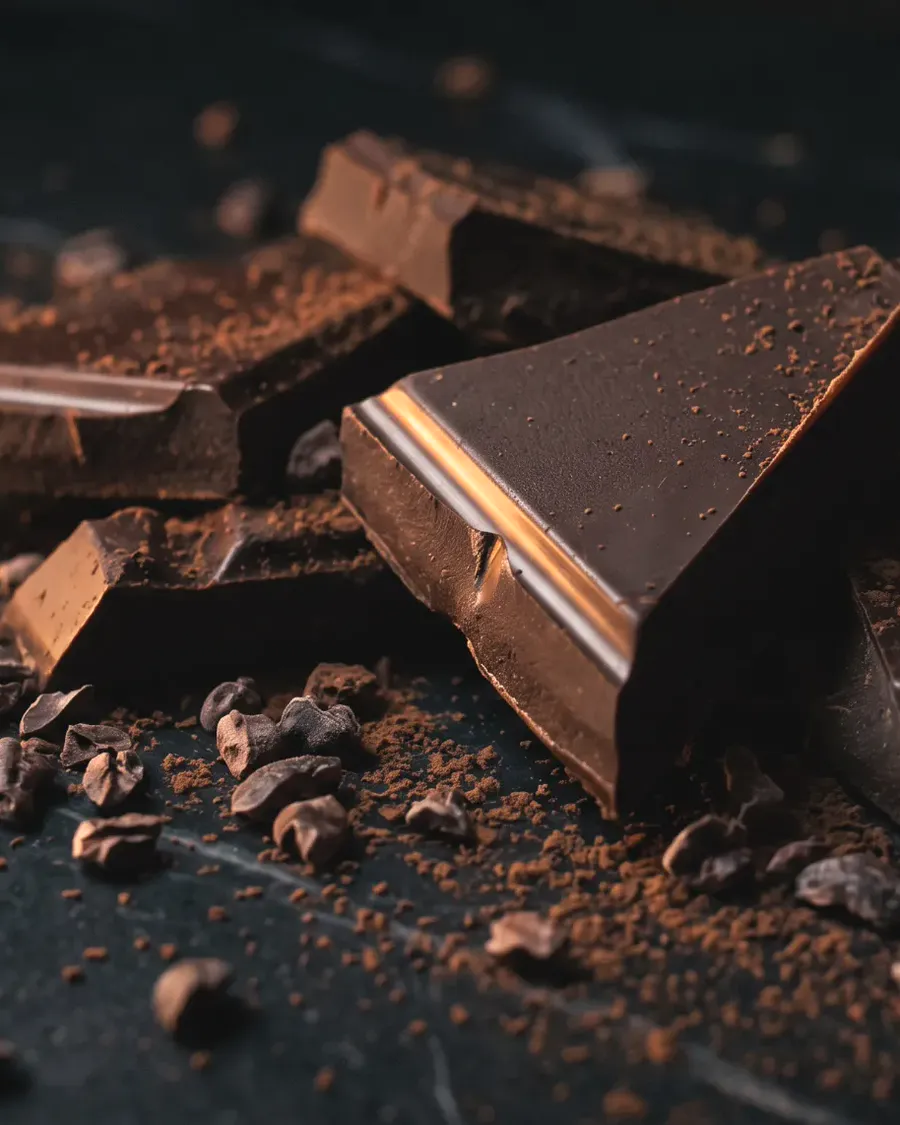 Broken shards of glossy dark chocolate with cocoa nibs on marble