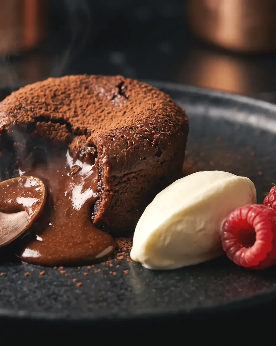 A molten chocolate fondant broken open