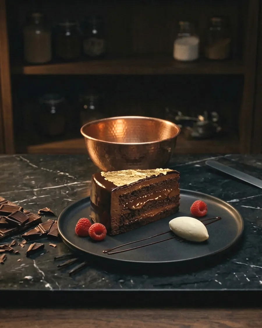 A slice of layered chocolate cake with gold leaf, raspberries and crème fraîche