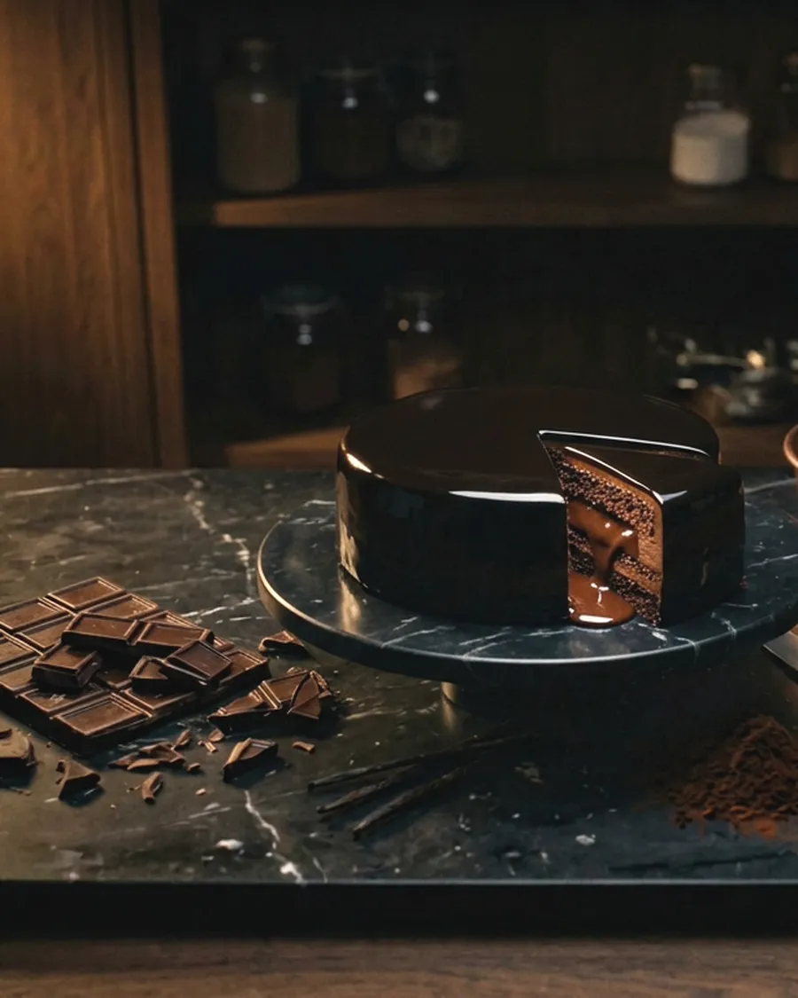 A mirror-glazed layer cake with one slice cut