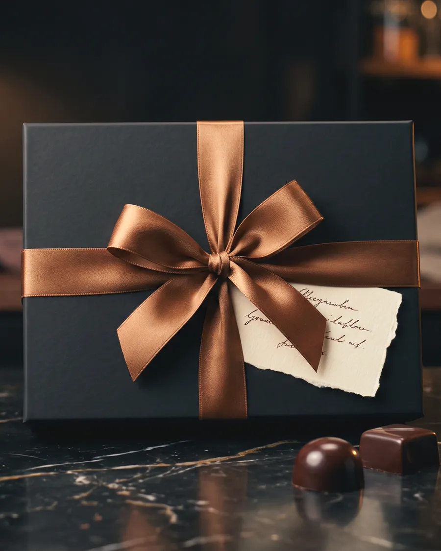A black gift box tied with bronze ribbon